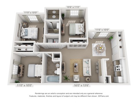 3 Bed | 2 Bath | 1024 sqft | Oaks at Duck Creek Apartments